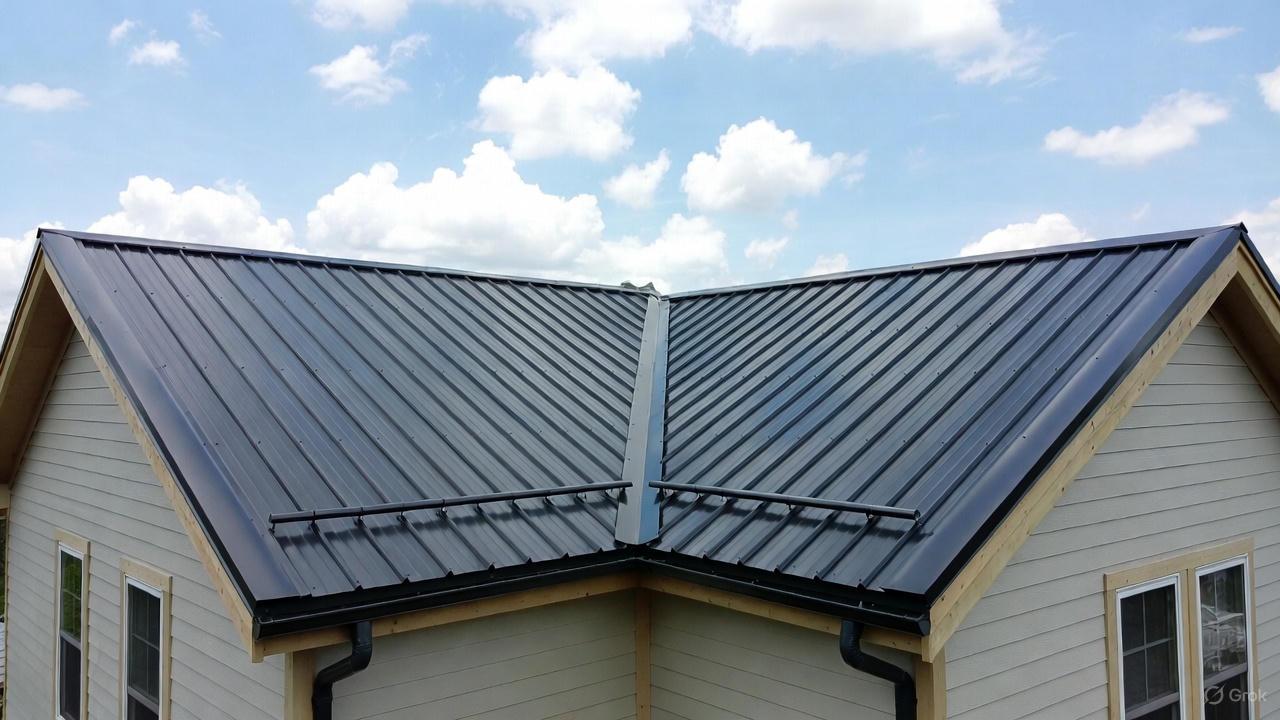 A high-angle view of a beige residential house featuring a newly installed charcoal black pbr panel roofing system with a distinct deep-ribbed metal profile.