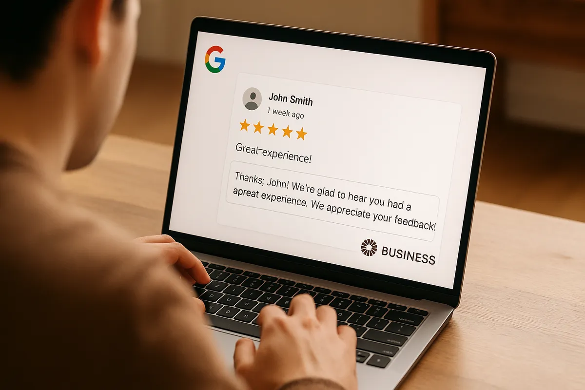 Over-shoulder shot of a small business owner replying to Google review on laptop.