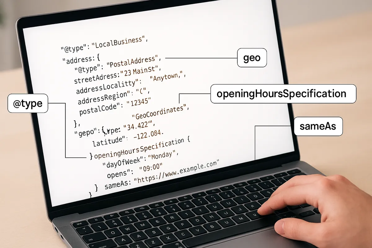 Code-focused close-up of JSON-LD LocalBusiness fields with callouts for @type, address, geo, openingHoursSpecification, and sameAs.