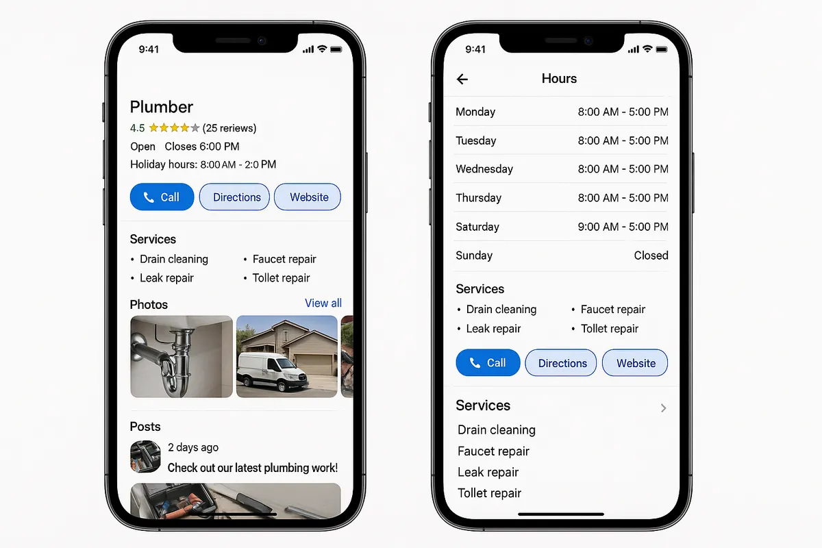 Side-by-side mobile screenshots of a fully-optimized Google Business Profile: accurate hours including holiday hours, services list, fresh photos, and recent posts.