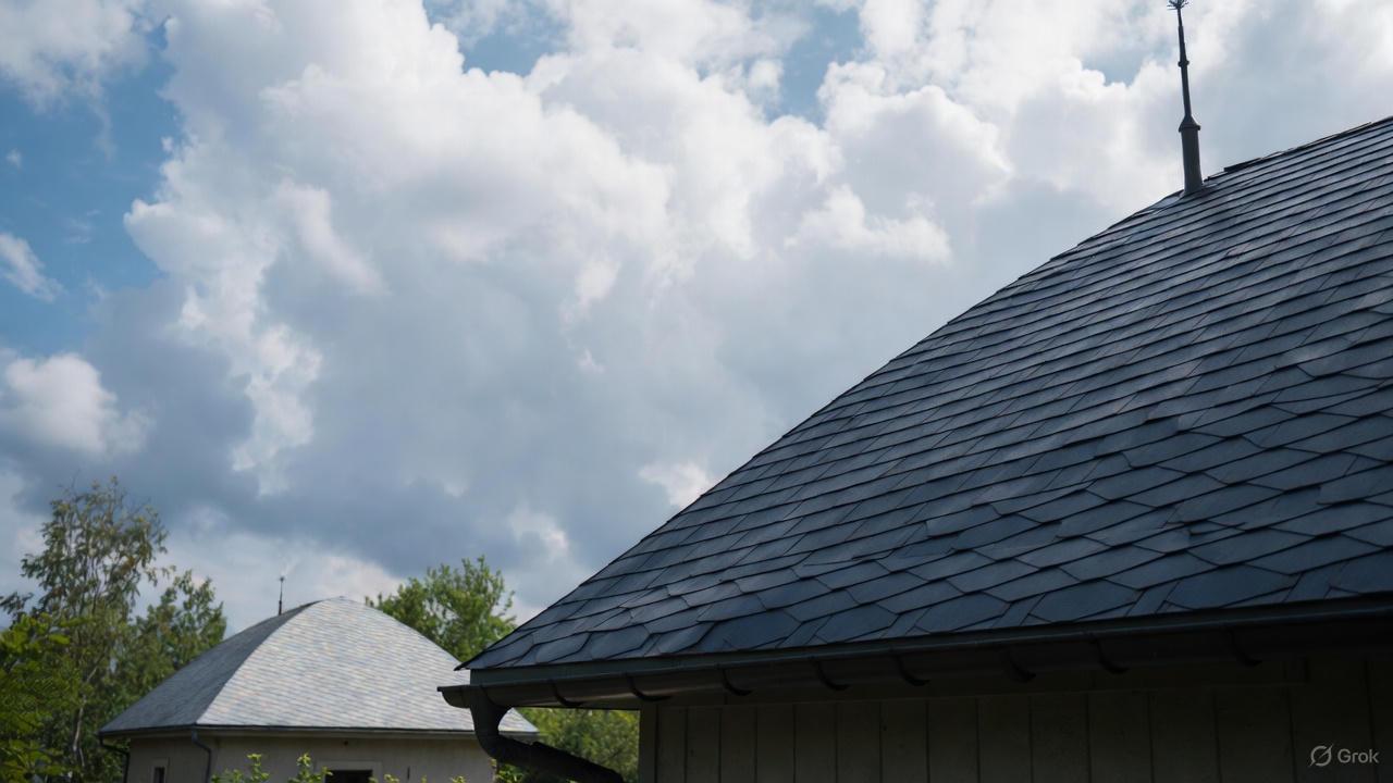 A close-up view of a classic convex mansard roof featuring an outward-curving slope with dark grey slate-style shingles and a decorative finial against a cloudy blue sky.