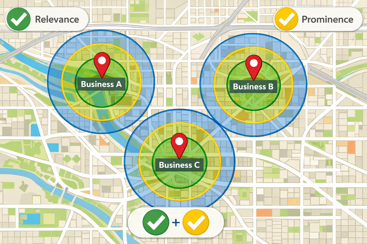Map-pack grid view over a city with pins for three businesses.
