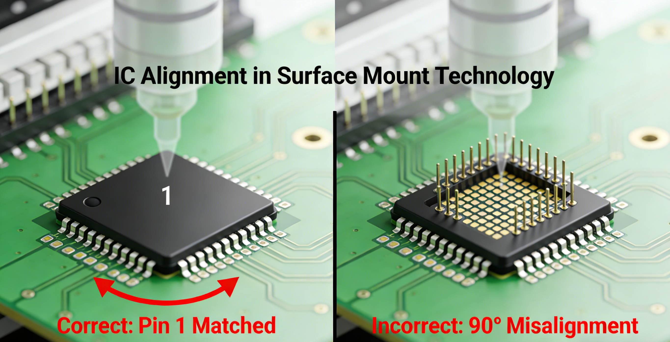 Comparative diagram of correct vs. incorrect component orientation for SMT flow