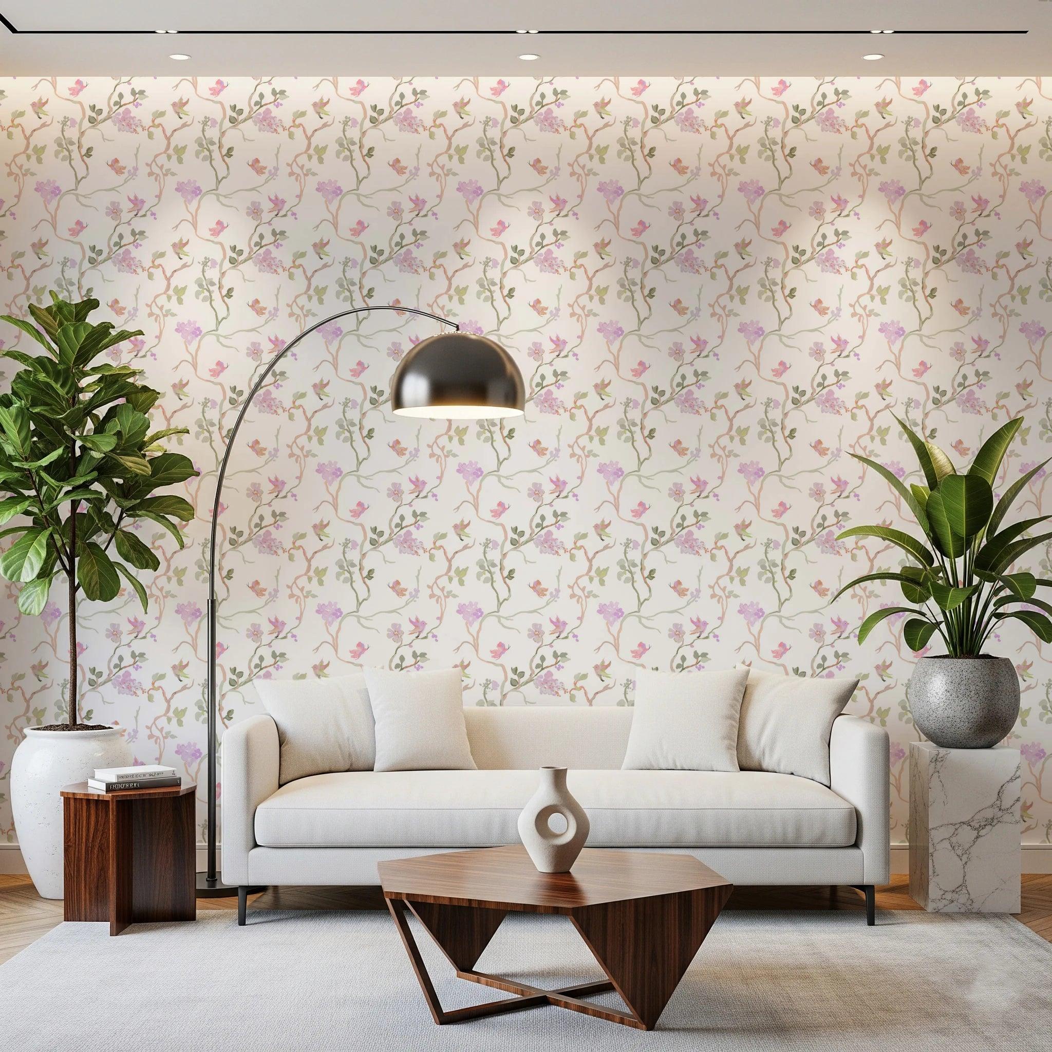 Chinoiserie wallpaper with birds, butterflies, and floral branches.