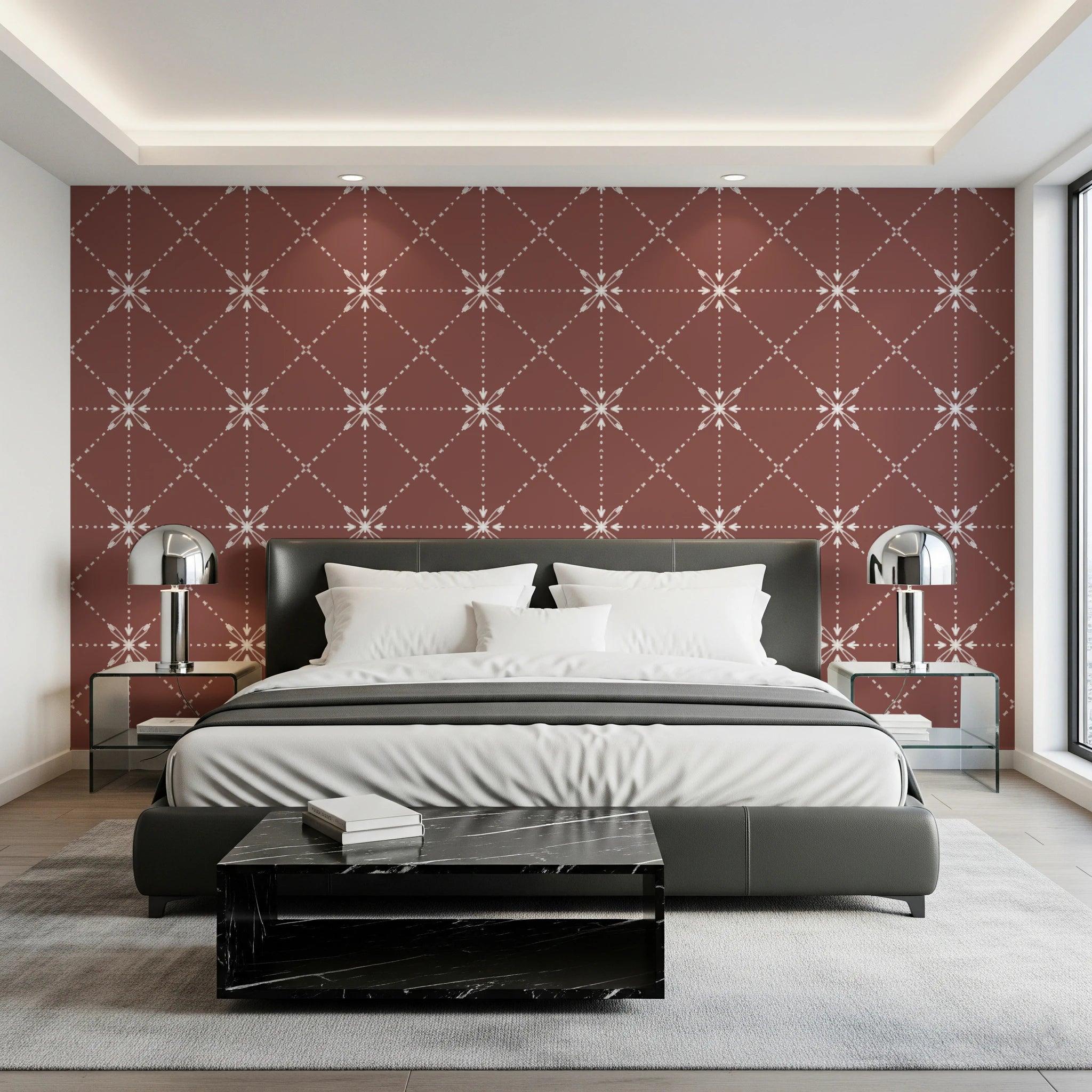 Terracotta wallpaper with latticed flower stitch geometric pattern.