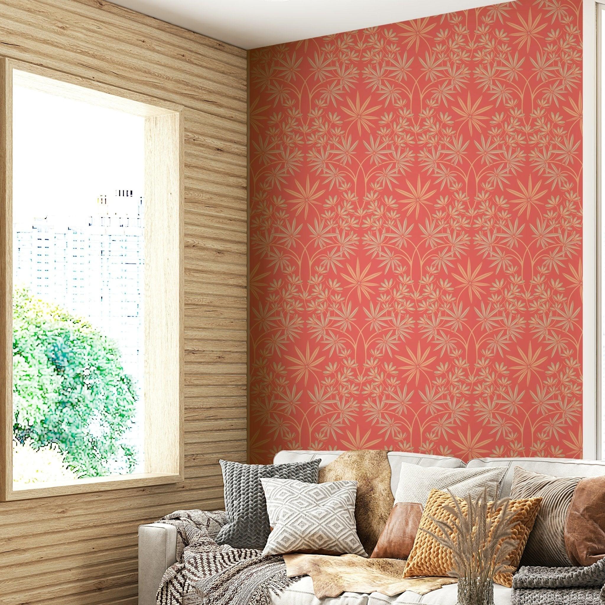 Peach fuzz and orange coral floral damask wallpaper design.