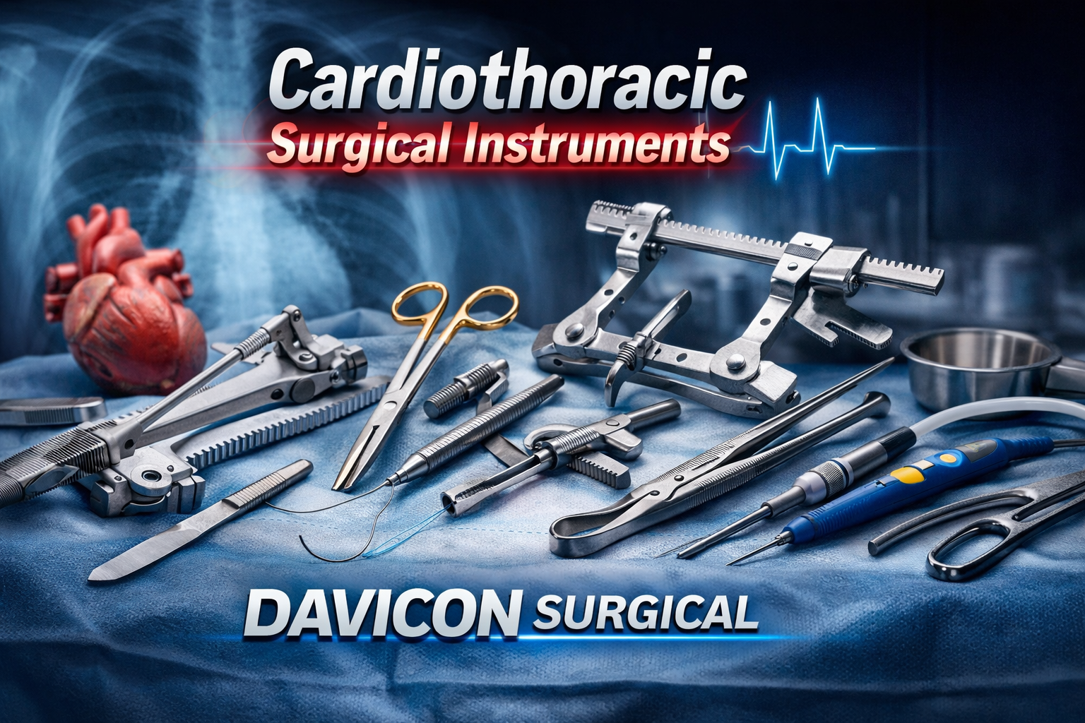 Cardiothoracic Surgical Instruments Cardiothoracic Surgical Instruments neatly arranged on a sterile surgical table with chest X-ray background, including rib retractors, surgical scissors, clamps.