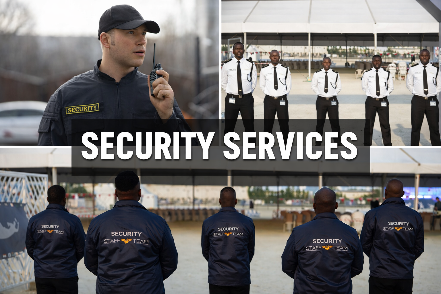Professional Security Services team collage showing a security guard communicating on a walkie-talkie and a group of uniformed security officers standing at an event entrance, highlighting trained personnel providing protection, crowd control, and safety management.