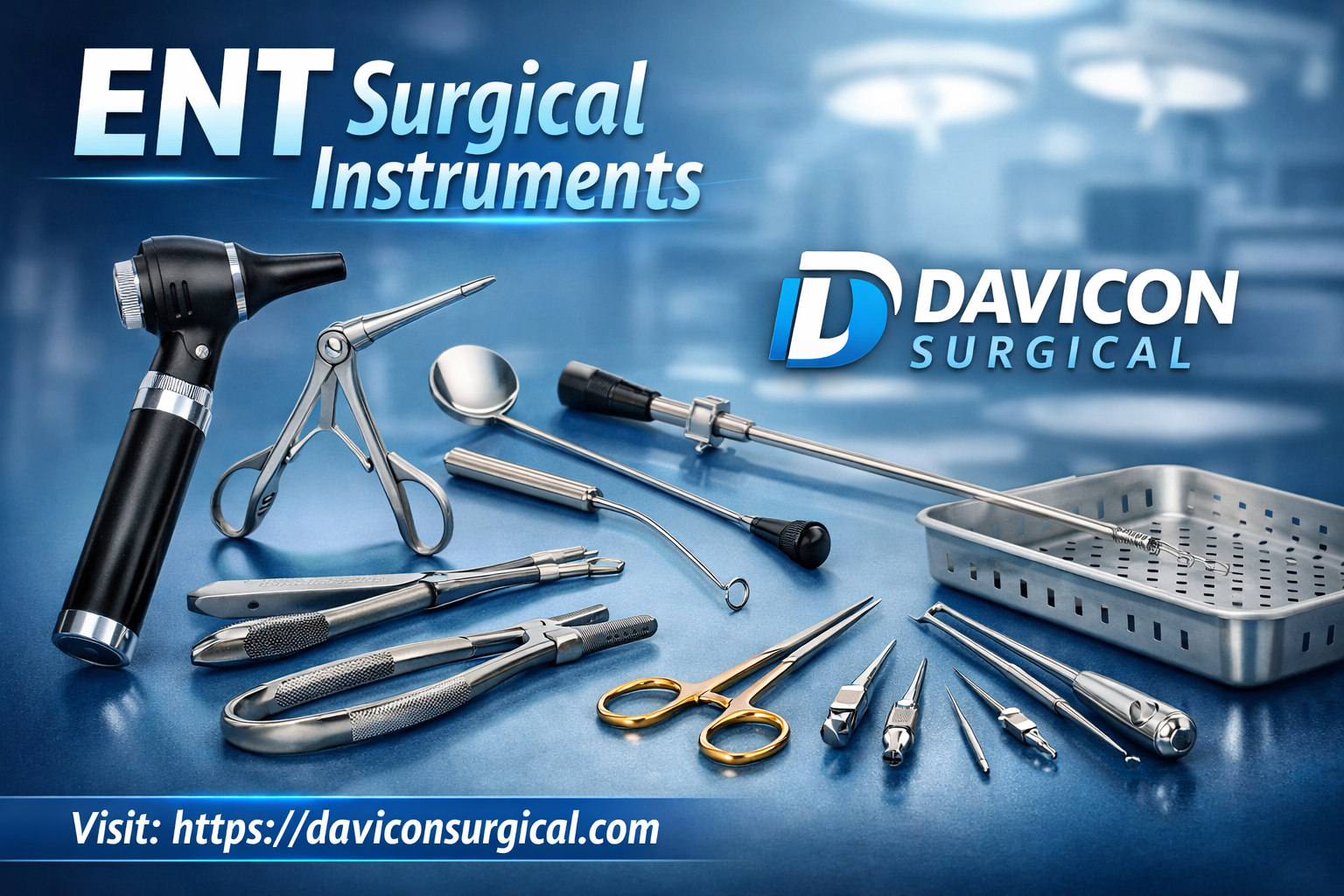 ENT Surgical Instruments displayed on a clean surgical table with precision tools for ear, nose, and throat procedures, branded by Davicon Surgical