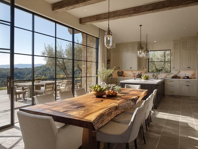 The image depicts a spacious, rustic kitchen with a large wooden table, open-plan layout, and a scenic view through large windows overlooking a lush, tree-filled landscape. AI-generated content may be incorrect.
