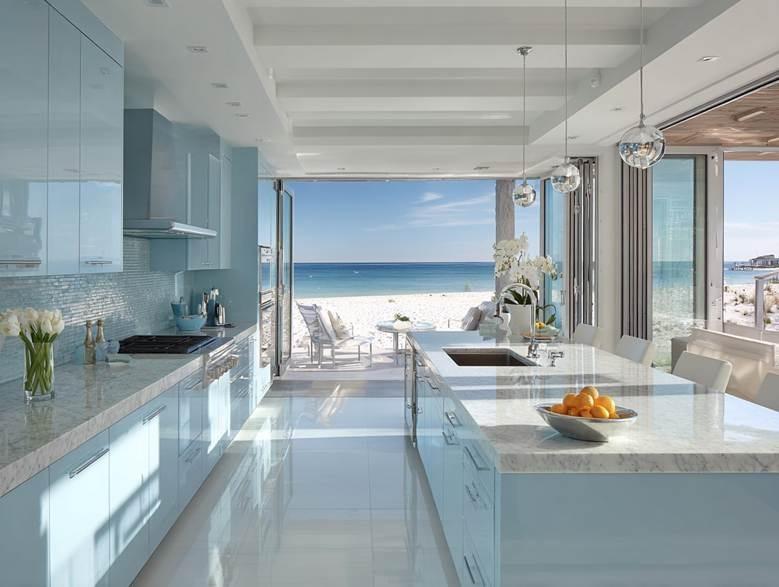 A kitchen with a large island and a large window Description automatically generated